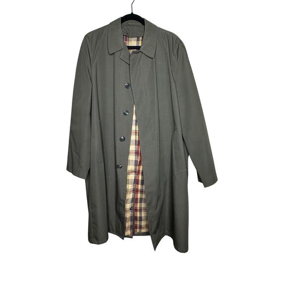 MENS VINTAGE KORATRON GREEN TRENCH COAT PLAID LINING SIZE XL - Picture 2 of 6